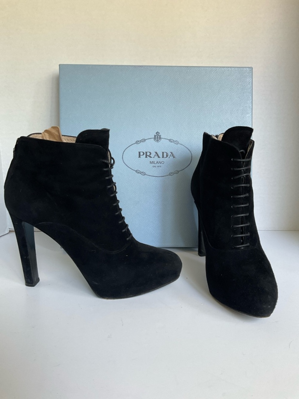 Prada Black Suede Lace-Up High Heel Ankle Boots